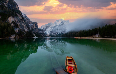 Panoramic photo of Lago di Braies, Pragser Wildsee in the Dolomites.