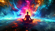 person meditating in a cosmic space with vibrant colors and swirling energy around them, portraying peace and mindfulness