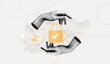 © accogliente - Trendy Halftone Collage Data is securely protected. Hands with padlock. Cyber security network. Confidentiality of personal information. Innovation technology. Contemporary vector illustration art