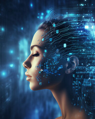 The face of an android woman, covered with microchips, against the background of IT equipment. An allegory of AI intelligence. A woman's face with a polygonal light.
