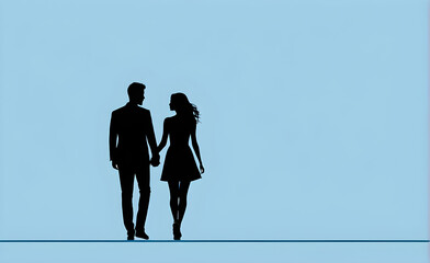 Wall Mural - Couple black silhouette. soft blue background with copy space. Generative AI