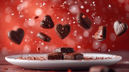 Poster - A chocolate cookies in the shape of hearts flying against a red background landing on a white platter. Generative AI.