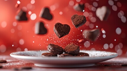 Poster - A chocolate cookies in the shape of hearts flying against a red background landing on a white platter. Generative AI.