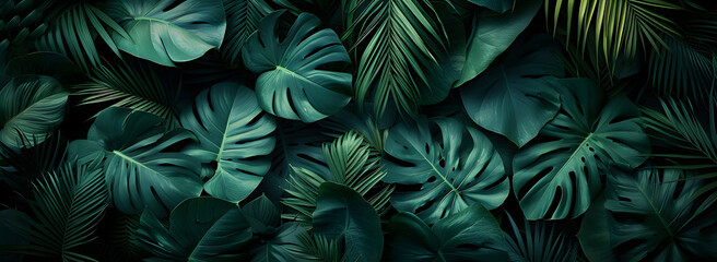Wall Mural - A nature background featuring an abstract green leaf texture. The image showcases dark green tropical leaves in close-up, revealing layered textures and various elements of tropical flora.