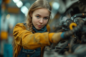 Poster - a skilled female mechanic repairing a car, challenging gender norms in the automotive industry and s