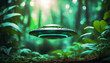 alien spaceship. tiny alien spaceship in a forest. ufo roaming in jungle - exploration and discovery. futuristic illustration. creative photography.