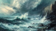 A Maritime Scene Where Mighty Waves Crash Against Rugged Cliffs Under A Stormy Sky. Oil Painting. 