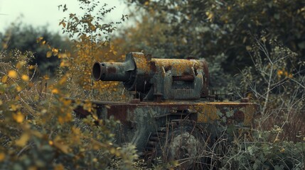 Poster - A rusted out machine sitting in the middle of a field. Can be used to depict abandonment or the passage of time