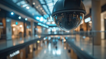Poster - A surveillance camera positioned in a shopping mall at night. This image can be used to depict security, surveillance, or monitoring in a commercial setting