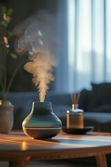 Poster - A table with a vase on it emitting smoke. This image can be used to depict mystery or creativity