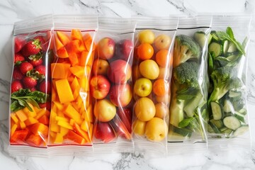 Aufkleber - A collection of various fruits and vegetables packaged in plastic bags. Suitable for use in healthy eating articles or grocery store advertisements