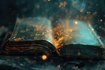 Poster - An open book resting on a table with a blurred background. Perfect for educational or literary themed projects