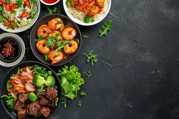 Poster - A table with an assortment of food and bowls of sauce. Perfect for food-related projects or restaurant promotions