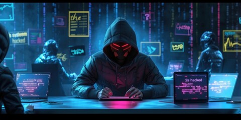 Aufkleber - A man wearing a hoodie is sitting at a table, working on two laptops. This image can be used to depict a freelancer or a remote worker in a modern workspace