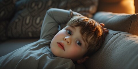 Aufkleber - A peaceful image of a little boy laying on a couch with his head on the pillow. This picture can be used to depict relaxation, comfort, or a child taking a nap
