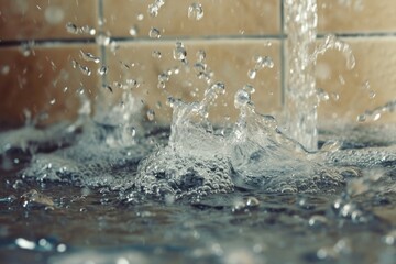 Poster - Water splashing from a faucet, perfect for illustrating concepts related to water conservation or household chores.