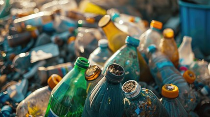 Poster - A pile of empty bottles sitting on top of a pile of trash. This image can be used to depict waste, pollution, or environmental issues