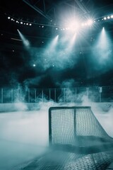 Poster - A hockey rink with smoke rising from the ice, creating a dramatic atmosphere. Perfect for sports-related projects and designs