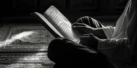 Poster - A person is sitting on the floor, engrossed in reading a book. This image can be used to depict relaxation, leisure activities, or the joy of reading