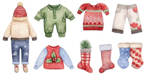 Poster - A collection of watercolor illustrations depicting various winter clothes and socks. Ideal for winter-themed designs and fashion-related projects