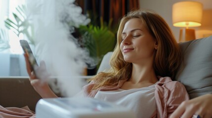 Poster - A woman sitting on a couch using a laptop computer. Suitable for illustrating technology, remote work, or leisure activities