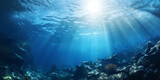 Fototapeta Do akwarium - Underwater view of coral reef with fishes and rays of light.
