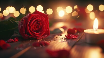 Poster - A beautiful red rose sitting on top of a wooden table. This image can be used for various purposes such as romantic themes, nature backgrounds, or floral designs