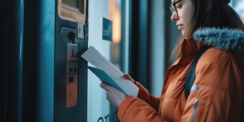 Poster - A woman wearing an orange jacket is engrossed in reading a book. This image can be used to depict relaxation, leisure, or education