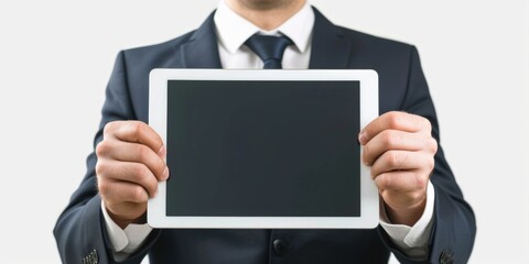 Aufkleber - A man in a suit holding a tablet computer. Perfect for business and technology concepts