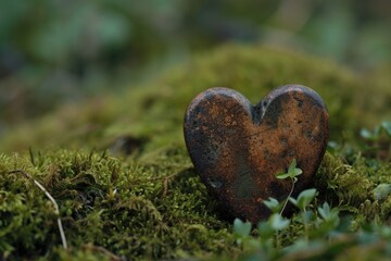 Poster - A heart-shaped stone resting on a bed of lush green moss. Perfect for nature-themed designs and romantic projects