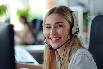 Aufkleber - A woman wearing a headset sits in front of a computer. This image can be used to depict a call center employee, customer service representative, or someone working remotely