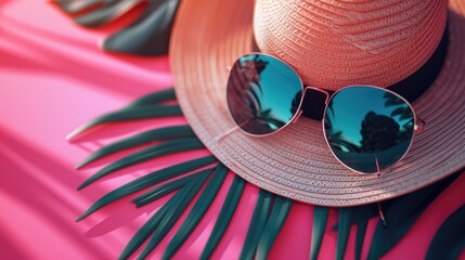 Sticker - A hat, sunglasses, and palm leaves arranged on a pink table. Perfect for tropical-themed events and summer parties