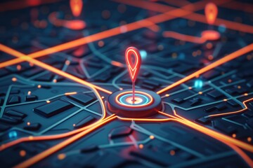 Fototapete - Close up view of a map with a red pin. Perfect for travel and navigation concepts