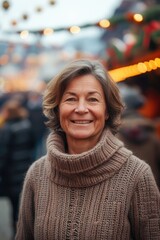 Poster - A woman wearing a turtle neck sweater smiles at the camera. Suitable for various uses