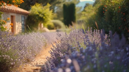 Poster - A beautiful garden with lavender and orange flowers. Perfect for adding a pop of color to any project