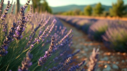 Poster - A picturesque scene of a field filled with vibrant purple flowers, with a dirt road leading into the distance.