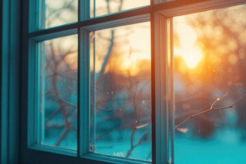 Poster - A beautiful sunset shining through the window of a house. Perfect for adding warmth and a cozy atmosphere to any project or design