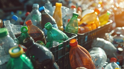 Poster - A pile of empty plastic bottles stacked on top of each other. Suitable for recycling or environmental concepts