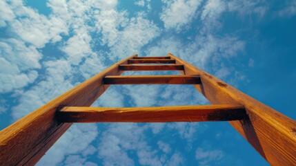 Poster - A wooden ladder extending upwards into the sky. Suitable for concepts related to aspirations, growth, and reaching new heights