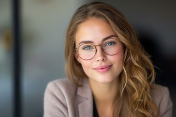 Poster - A beautiful young woman wearing glasses confidently looks directly at the camera. This versatile image can be used in various contexts