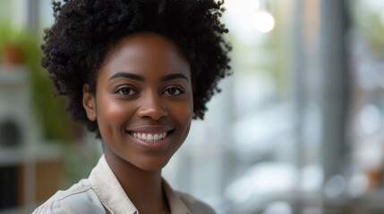 Aufkleber - A woman with an afro smiles at the camera. Suitable for diverse and positive representations