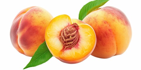 Poster - Two peaches depicted in the image, with one peach cut in half and the other half open. This picture can be used to showcase fresh fruit, healthy eating, recipes, or summer themes