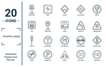 Traffic Signs Linear Icon Set. Includes Thin Line Speed Limit, Car, Traffic, Horns, Speed Limit, Truck, Traffic Lights Icons For Report, Presentation, Diagram, Web Design