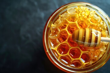 Poster - A jar of honey with a wooden stick poking out. Perfect for food and cooking themes
