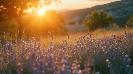 Poster - A beautiful field of purple flowers with the sun setting in the background. Perfect for nature and landscape themes