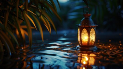 Aufkleber - A lighted lantern sitting on top of a table. This image can be used to create a cozy and warm atmosphere in various settings