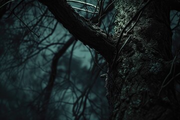 Poster - A haunting image of a tree without leaves, standing alone in the darkness. This picture can be used to create a spooky atmosphere or to depict a sense of loneliness