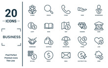 Business Linear Icon Set. Includes Thin Line Flower, Alert, Handshake, Qr Code, Home, Map, Love Icons For Report, Presentation, Diagram, Web Design
