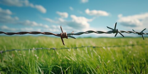 Aufkleber - A picture of a barbed wire fence in a grassy field. Suitable for illustrating concepts like boundaries, protection, security, or rural landscapes