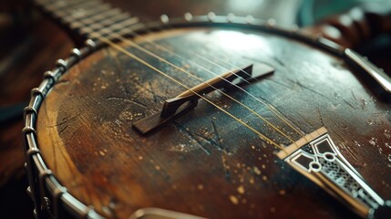 Poster - A detailed view of a banjo resting on a table. Versatile image suitable for music-related projects